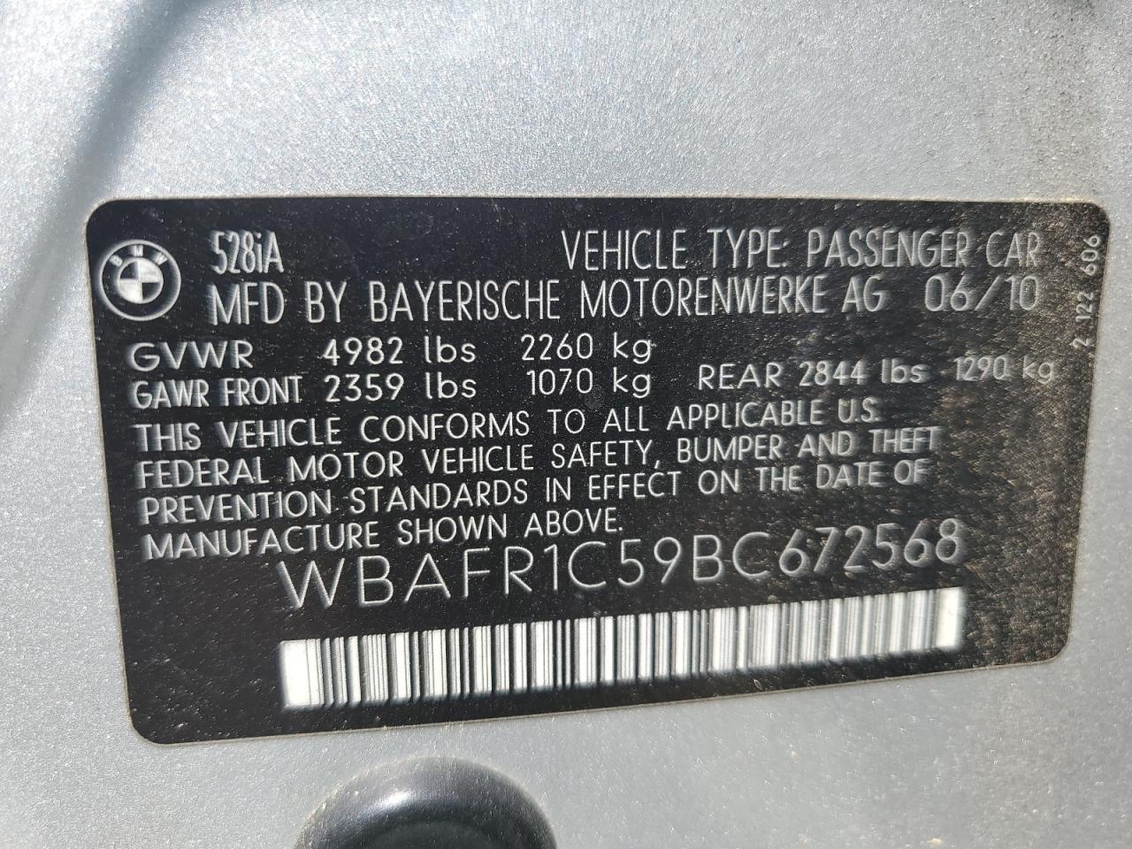 2011 BMW 528 I VIN: WBAFR1C59BC672568 Lot: 70178885