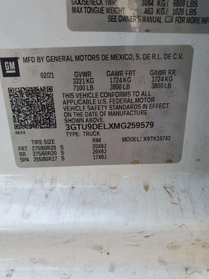 2021 GMC Sierra K1500 Slt VIN: 3GTU9DELXMG259579 Lot: 70345445
