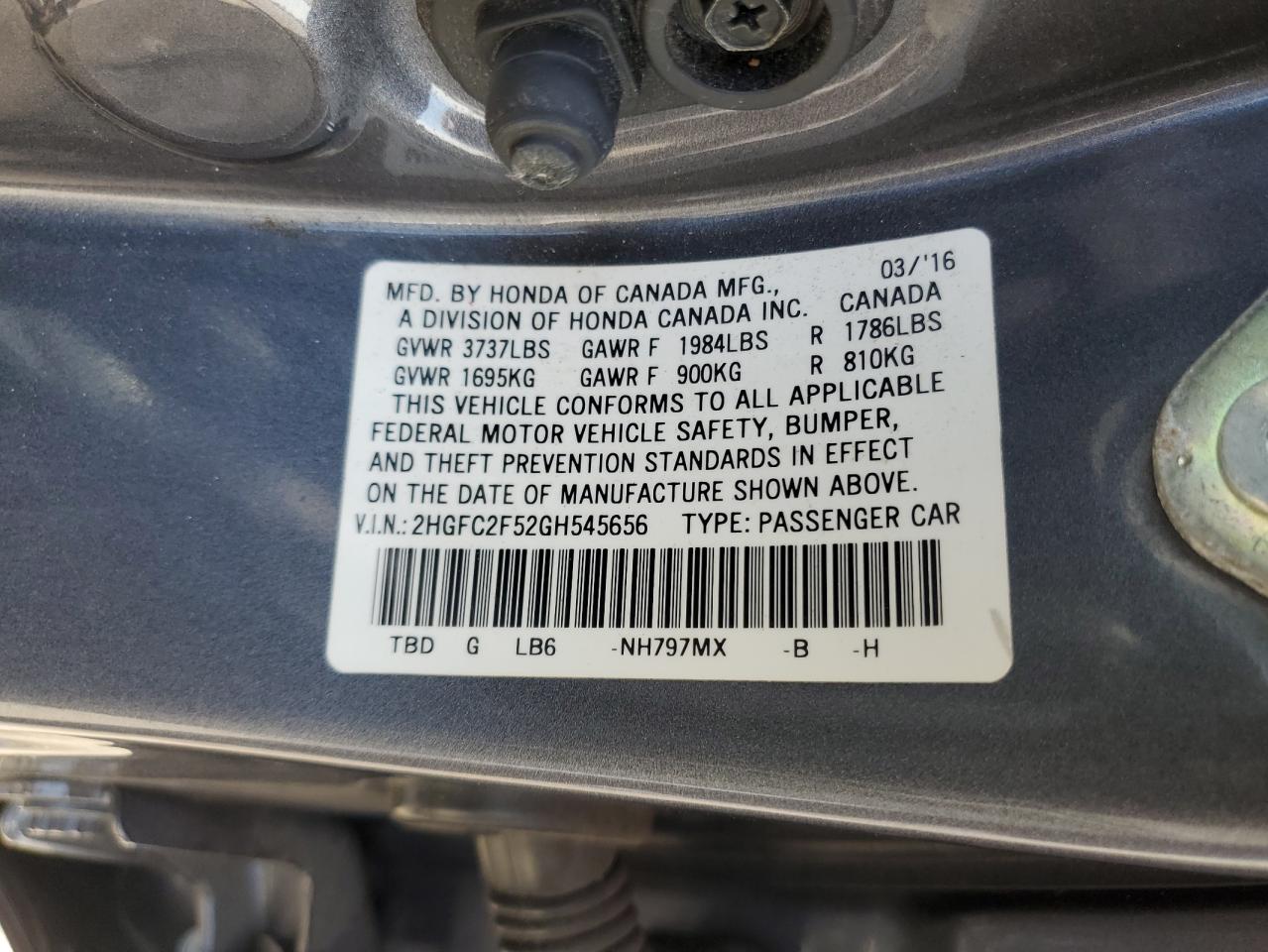 2016 Honda Civic Lx VIN: 2HGFC2F52GH545656 Lot: 67752945