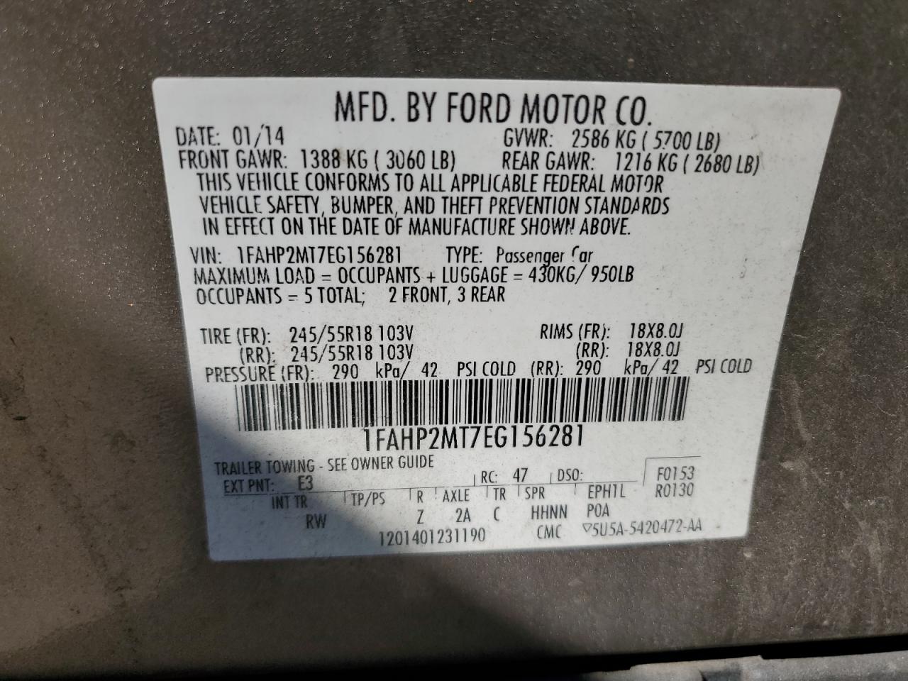 2014 Ford Taurus Police Interceptor VIN: 1FAHP2MT7EG156281 Lot: 69351535