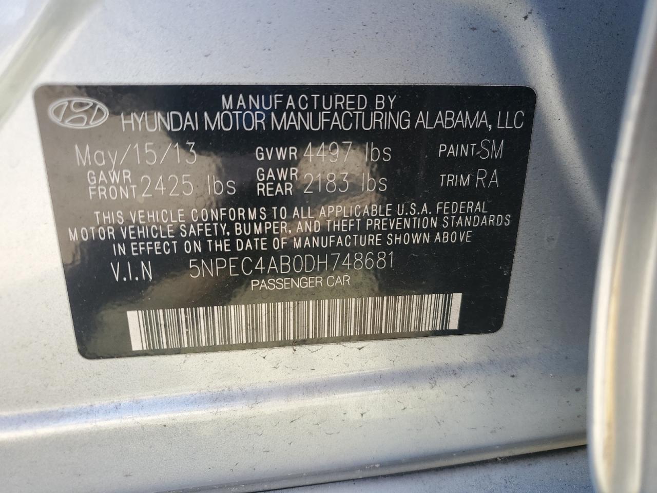 2013 Hyundai Sonata Se VIN: 5NPEC4AB0DH748681 Lot: 68952425