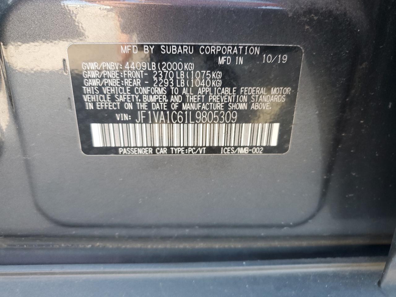 2020 Subaru Wrx Premium VIN: JF1VA1C61L9805309 Lot: 70037375