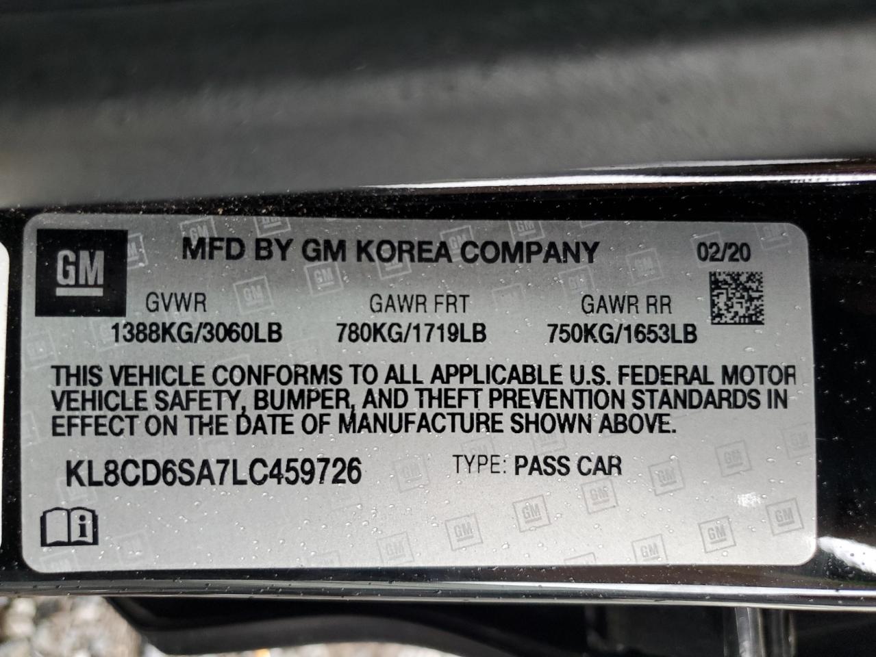 2020 Chevrolet Spark 1Lt VIN: KL8CD6SA7LC459726 Lot: 69717145