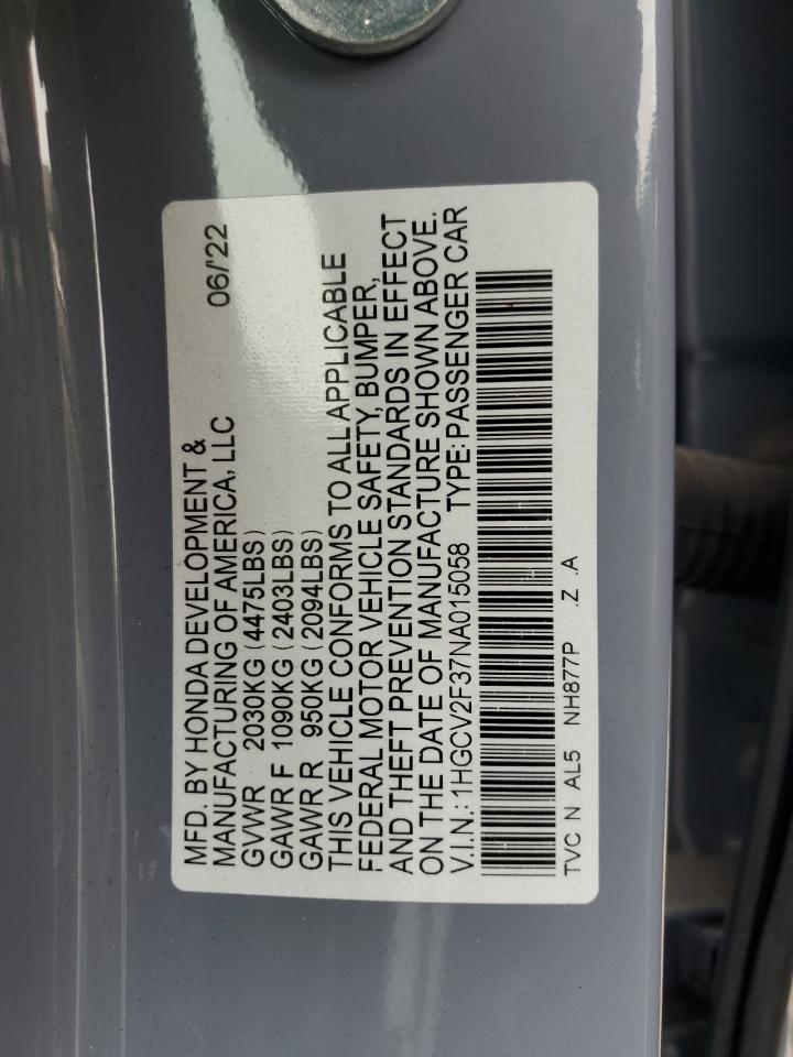 2022 Honda Accord Sport VIN: 1HGCV2F37NA015058 Lot: 70943565