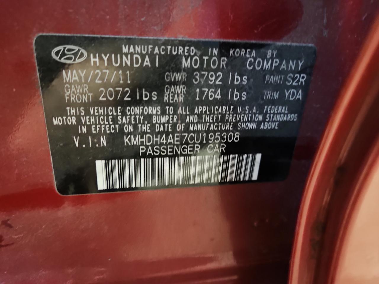 2012 Hyundai Elantra Gls VIN: KMHDH4AE7CU195308 Lot: 70744075