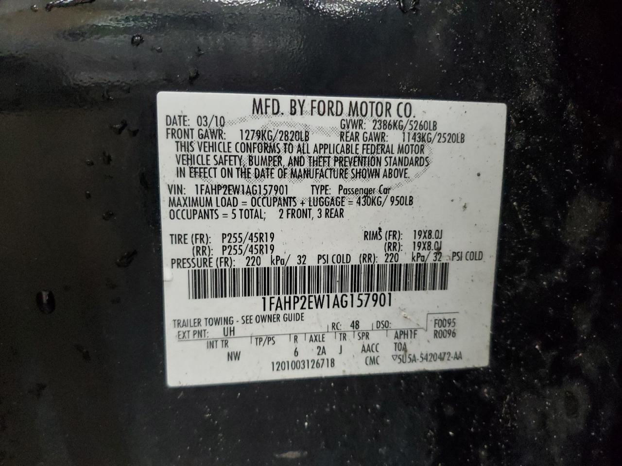 2010 Ford Taurus Sel VIN: 1FAHP2EW1AG157901 Lot: 70535645