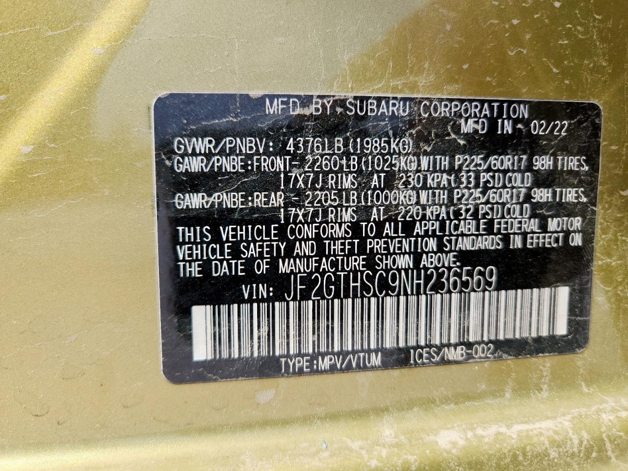 2022 Subaru Crosstrek Sport VIN: JF2GTHSC9NH236569 Lot: 69430405