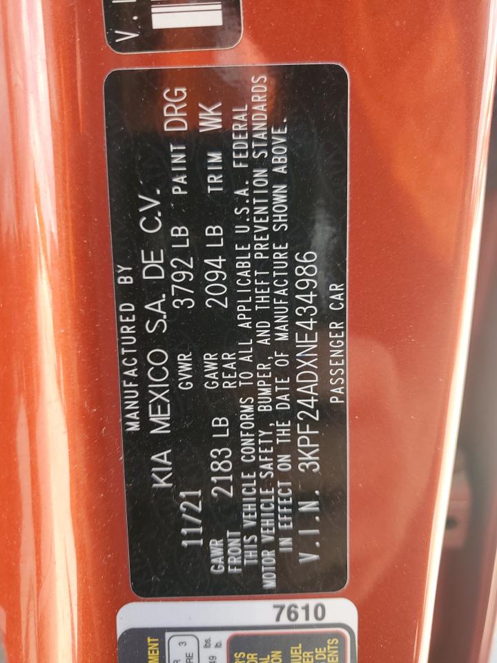 2022 Kia Forte Fe VIN: 3KPF24ADXNE434986 Lot: 69886785