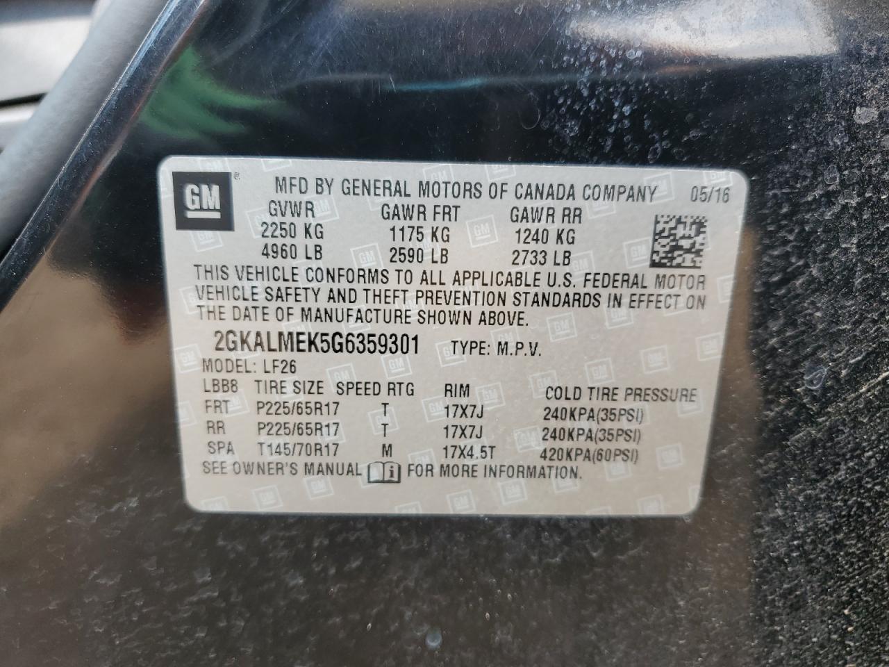2016 GMC Terrain Sle VIN: 2GKALMEK5G6359301 Lot: 71102165