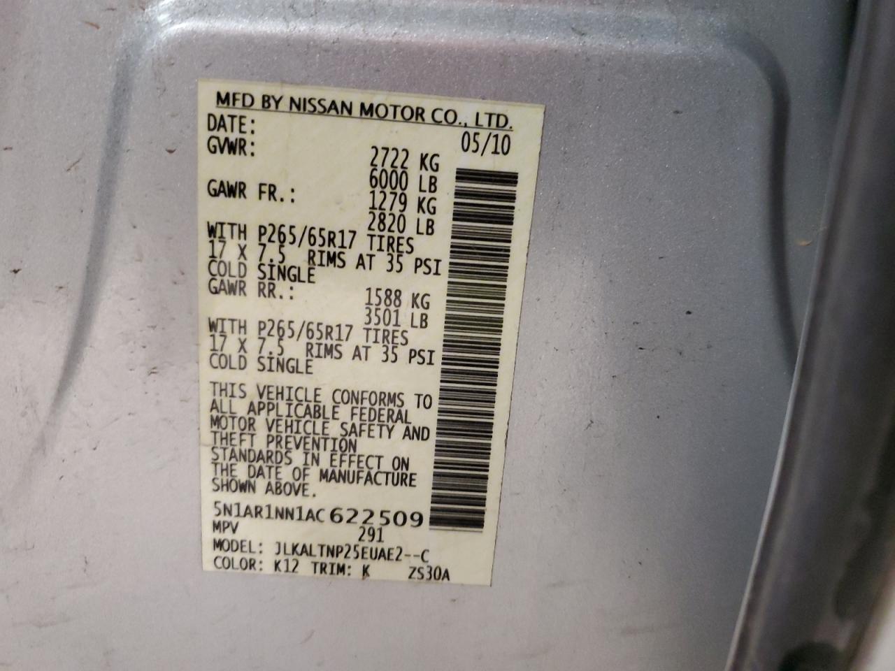 2010 Nissan Pathfinder S VIN: 5N1AR1NN1AC622509 Lot: 70288055