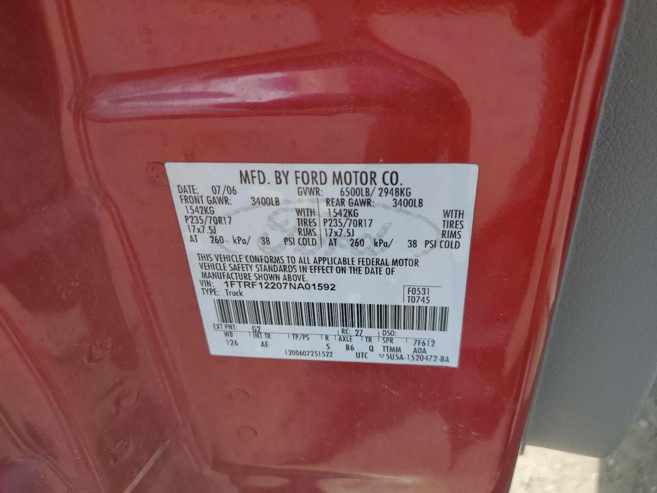 2007 Ford F150 VIN: 1FTRF12207NA01592 Lot: 71078015