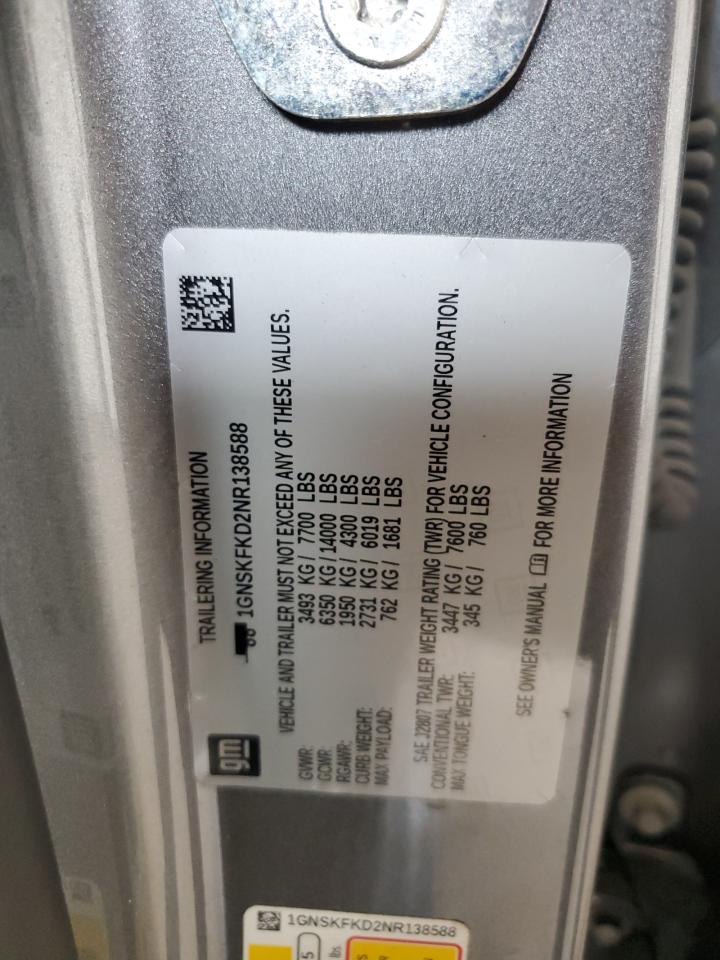 2022 Chevrolet Suburban K1500 Premier VIN: 1GNSKFKD2NR138588 Lot: 67264095