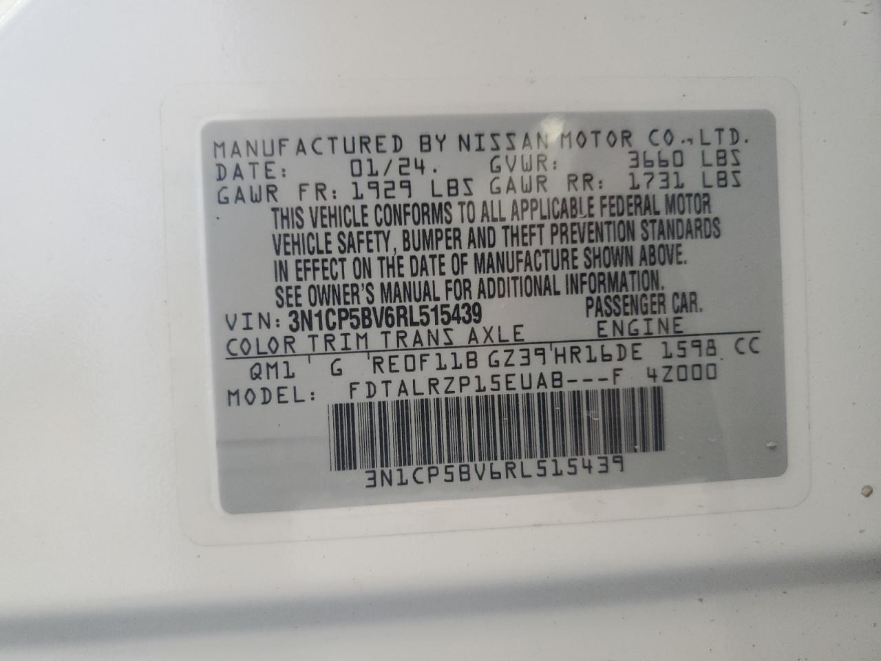 2024 Nissan Kicks S VIN: 3N1CP5BV6RL515439 Lot: 70292755