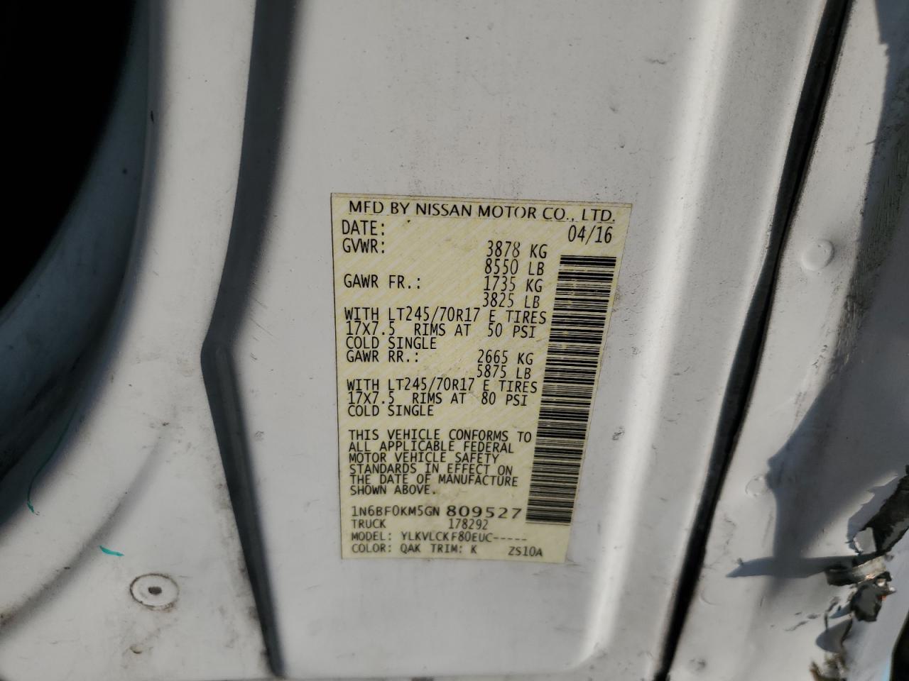 2016 Nissan Nv 1500 S VIN: 1N6BF0KM5GN809527 Lot: 67363895