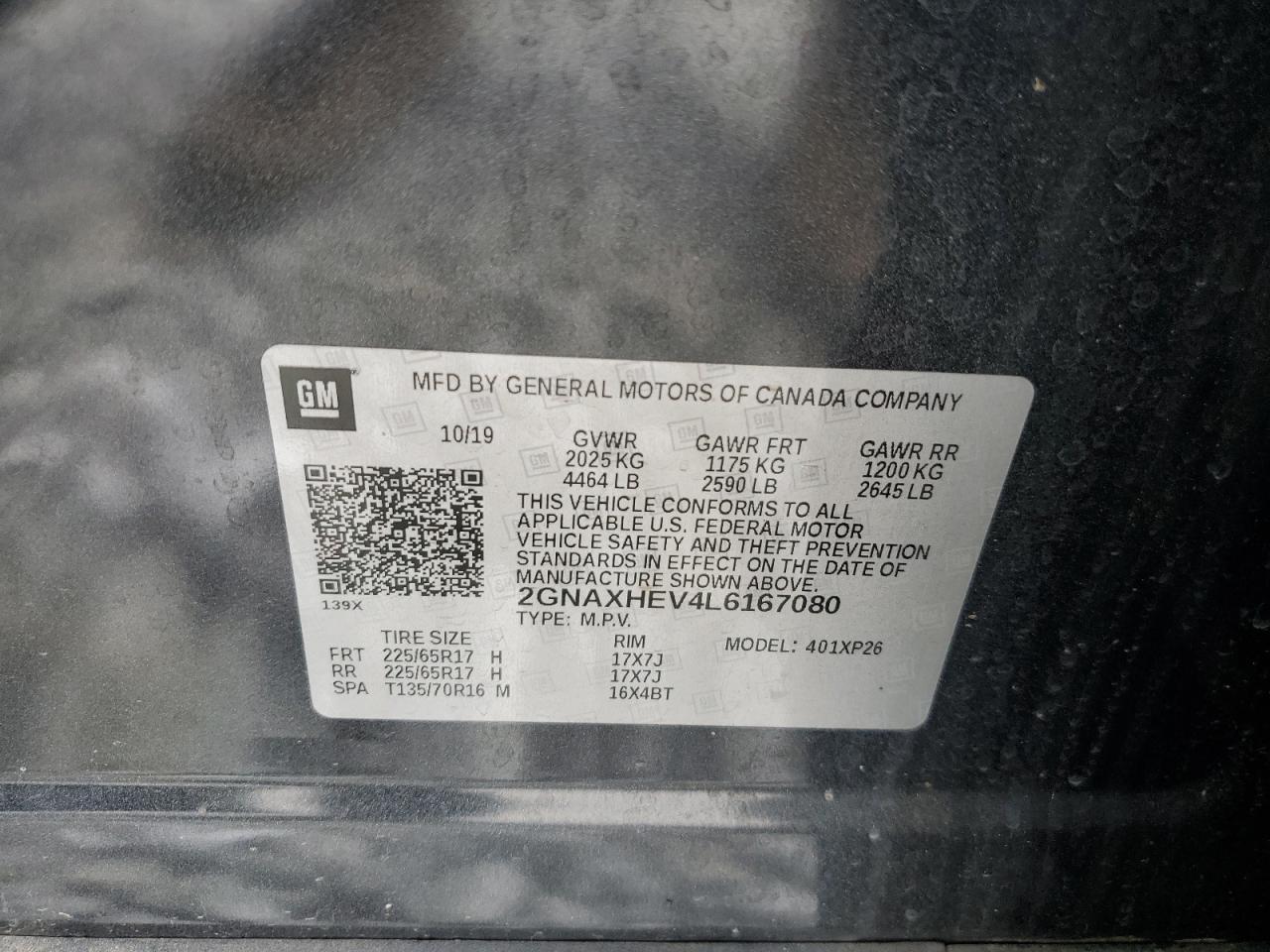 2020 Chevrolet Equinox Ls VIN: 2GNAXHEV4L6167080 Lot: 70962165