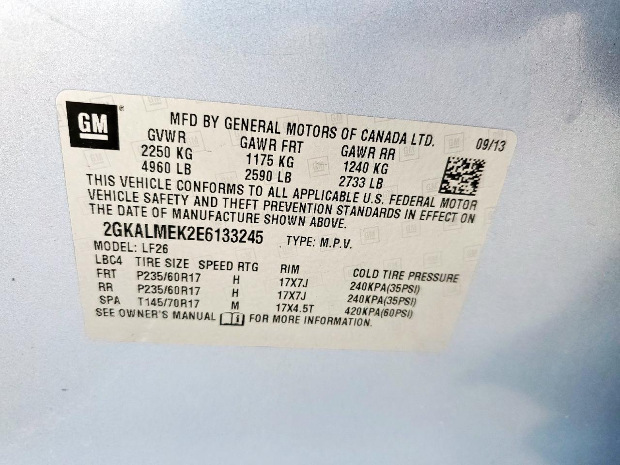 2014 GMC Terrain Sle VIN: 2GKALMEK2E6133245 Lot: 69764215