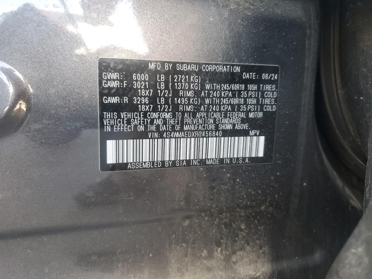 2024 Subaru Ascent Premium VIN: 4S4WMAEDXR3456840 Lot: 68707125