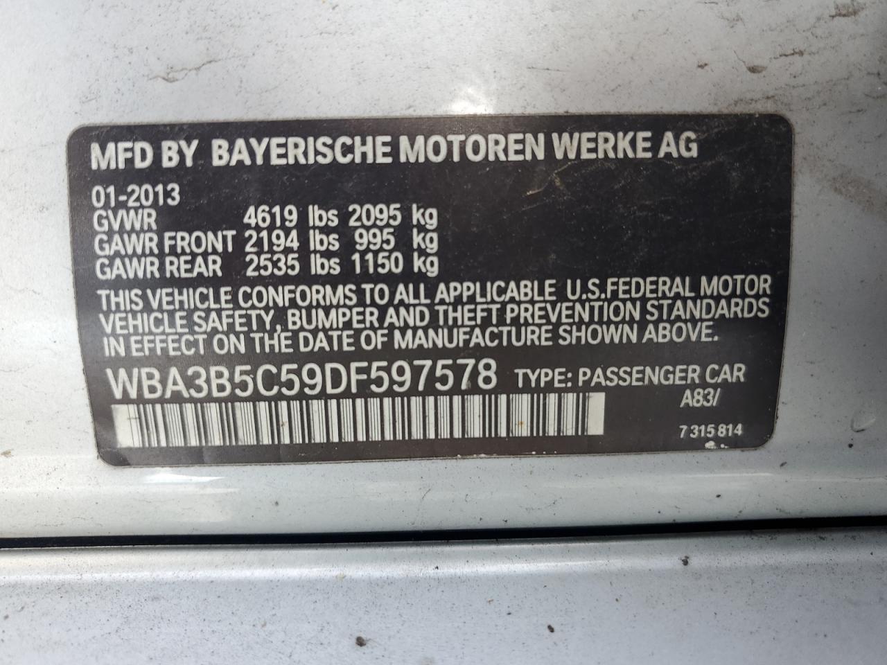 2013 BMW 328 Xi Sulev VIN: WBA3B5C59DF597578 Lot: 70562575