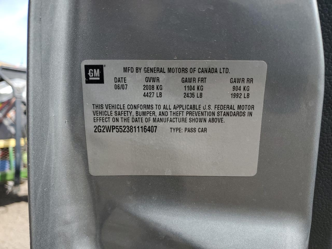 2008 Pontiac Grand Prix VIN: 2G2WP552381116407 Lot: 70470325