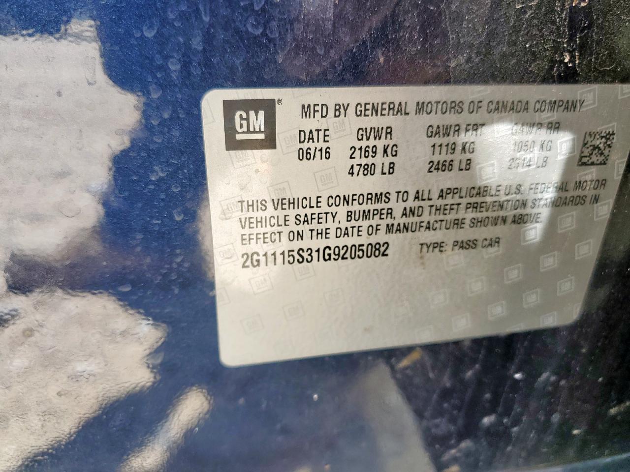 2016 Chevrolet Impala Lt VIN: 2G1115S31G9205082 Lot: 68543495