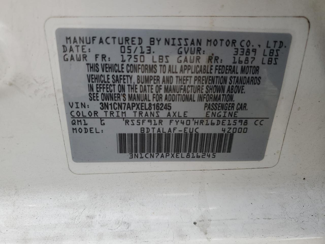 2014 Nissan Versa S VIN: 3N1CN7APXEL816245 Lot: 69474885