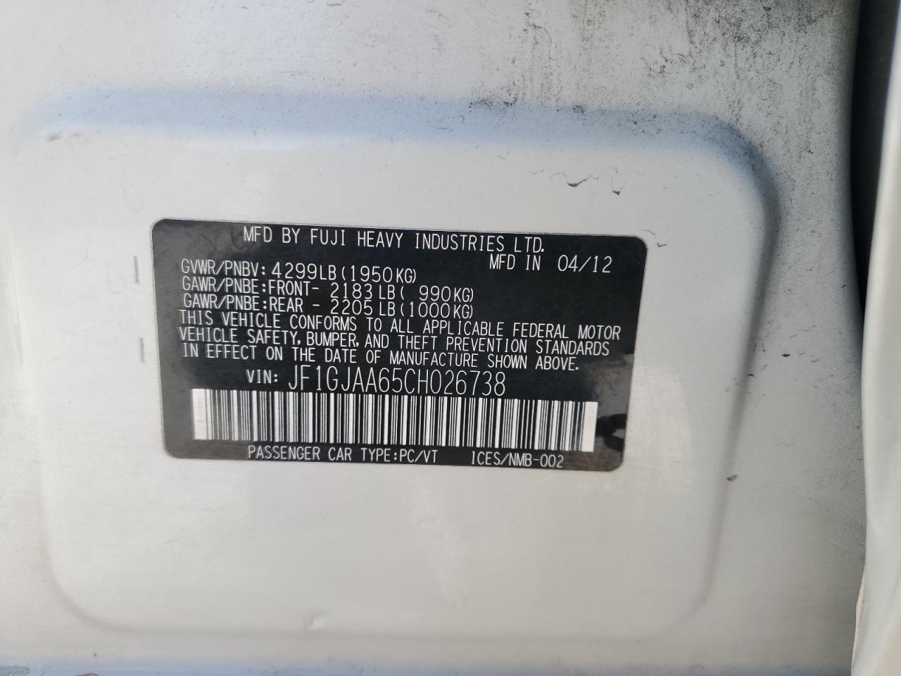 2012 Subaru Impreza VIN: JF1GJAA65CH026738 Lot: 68768865
