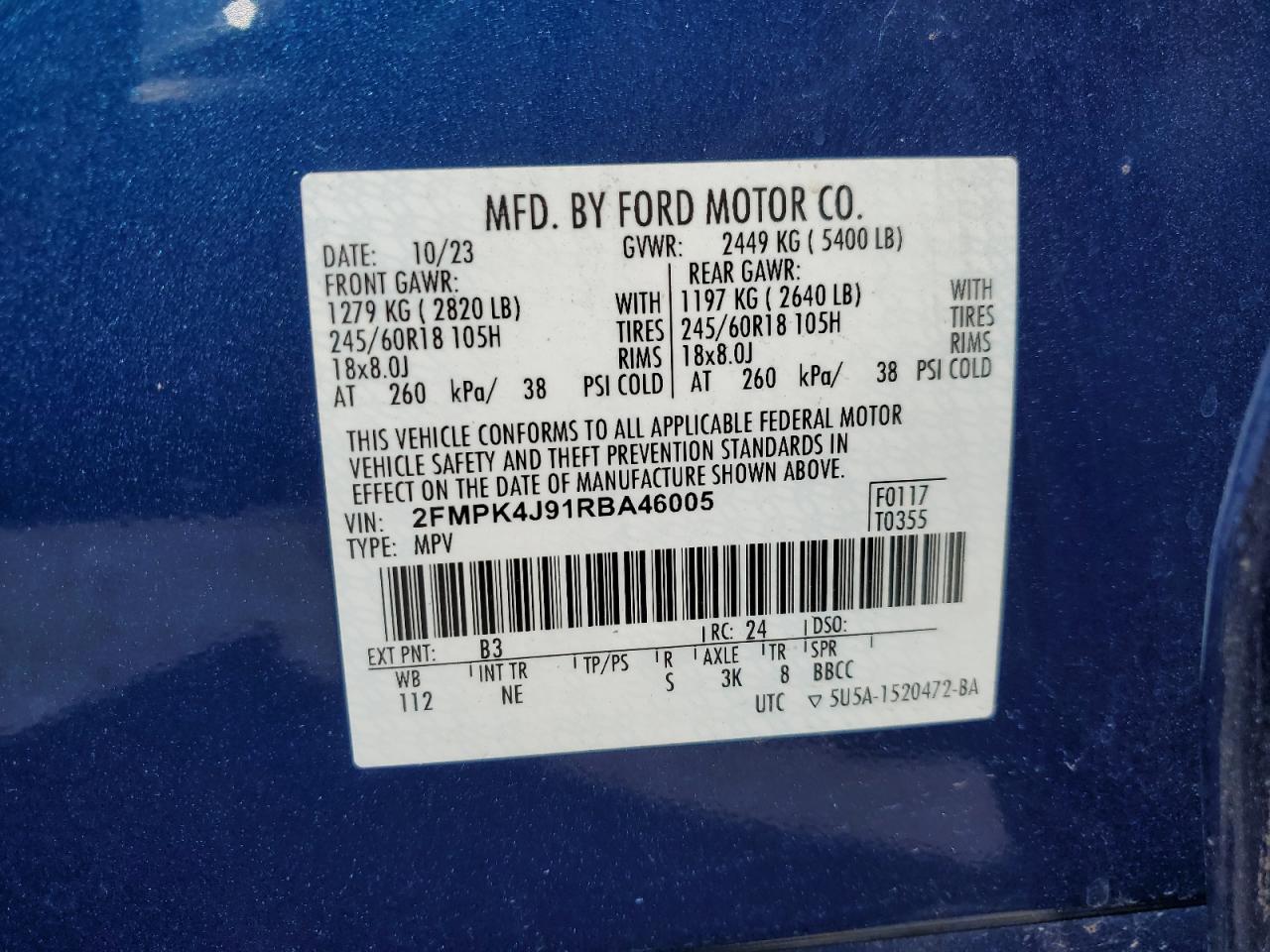 2024 Ford Edge Sel VIN: 2FMPK4J91RBA46005 Lot: 70321775