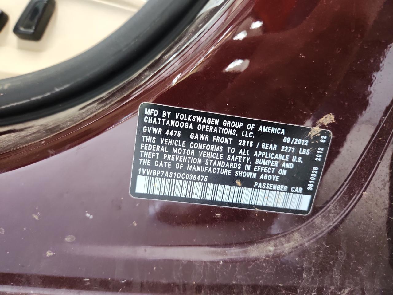 2013 Volkswagen Passat Se VIN: 1VWBP7A31DC035475 Lot: 59276015