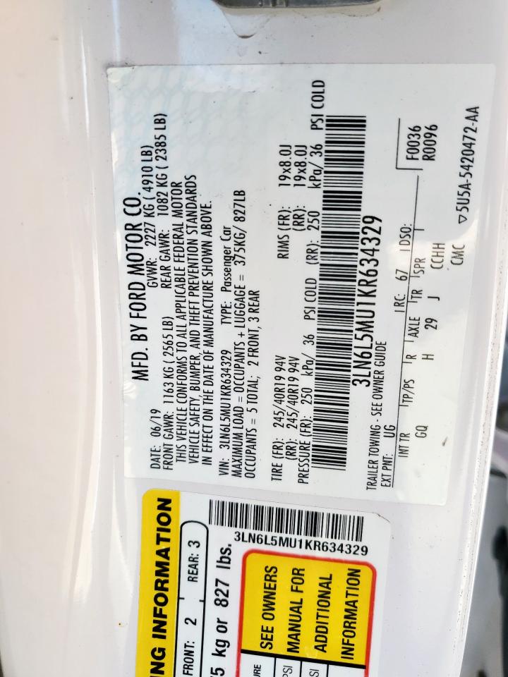 2019 Lincoln Mkz Reserve Ii VIN: 3LN6L5MU1KR634329 Lot: 68368325