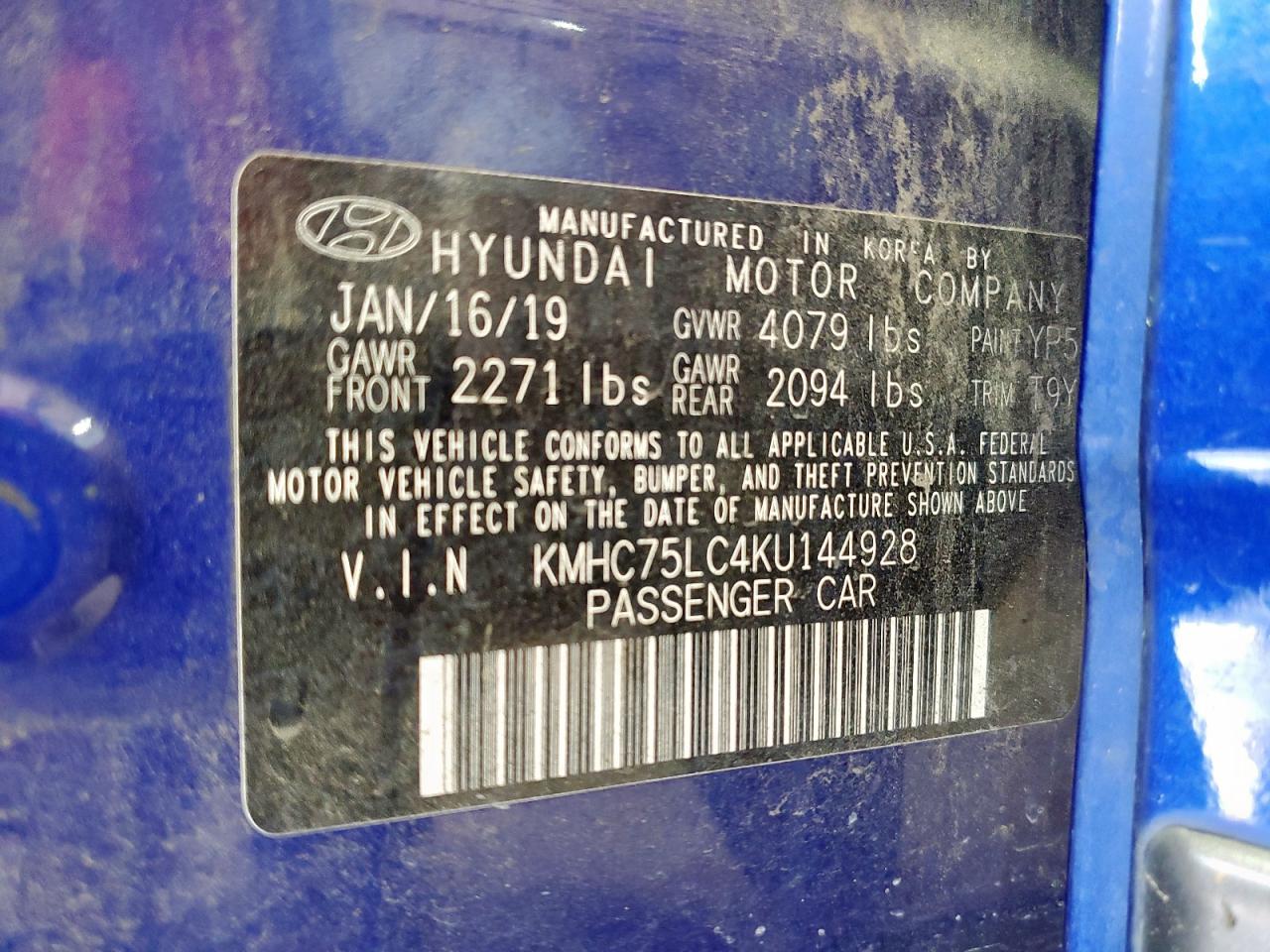 2019 Hyundai Ioniq Sel VIN: KMHC75LC4KU144928 Lot: 70648095