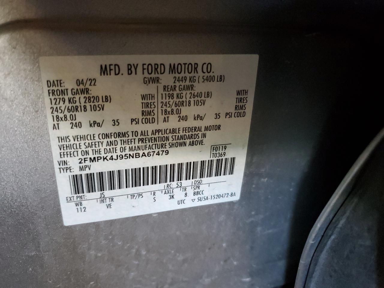 2022 Ford Edge Sel VIN: 2FMPK4J95NBA67479 Lot: 70311795