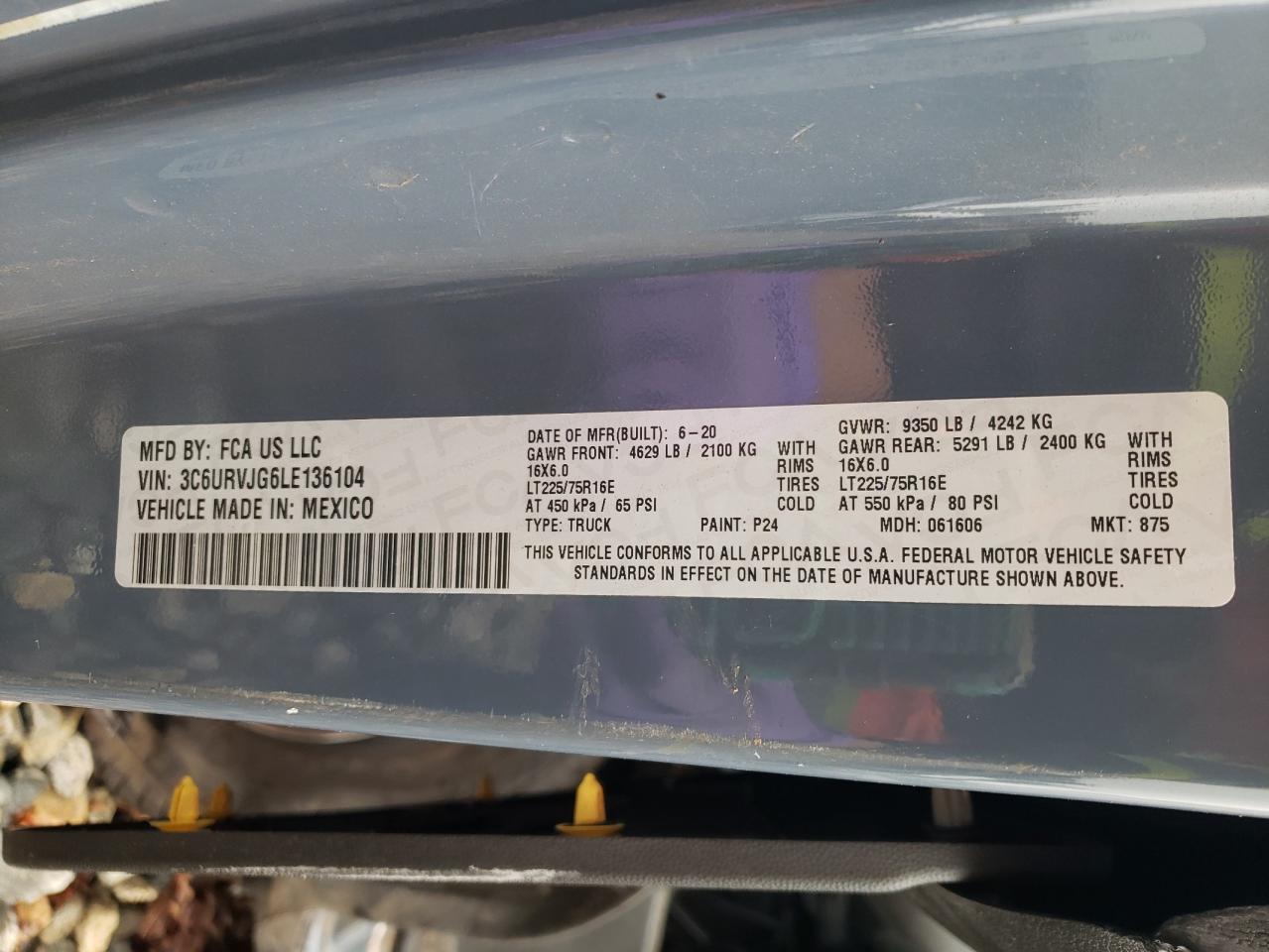 2020 Ram Promaster 3500 3500 High VIN: 3C6URVJG6LE136104 Lot: 67452885