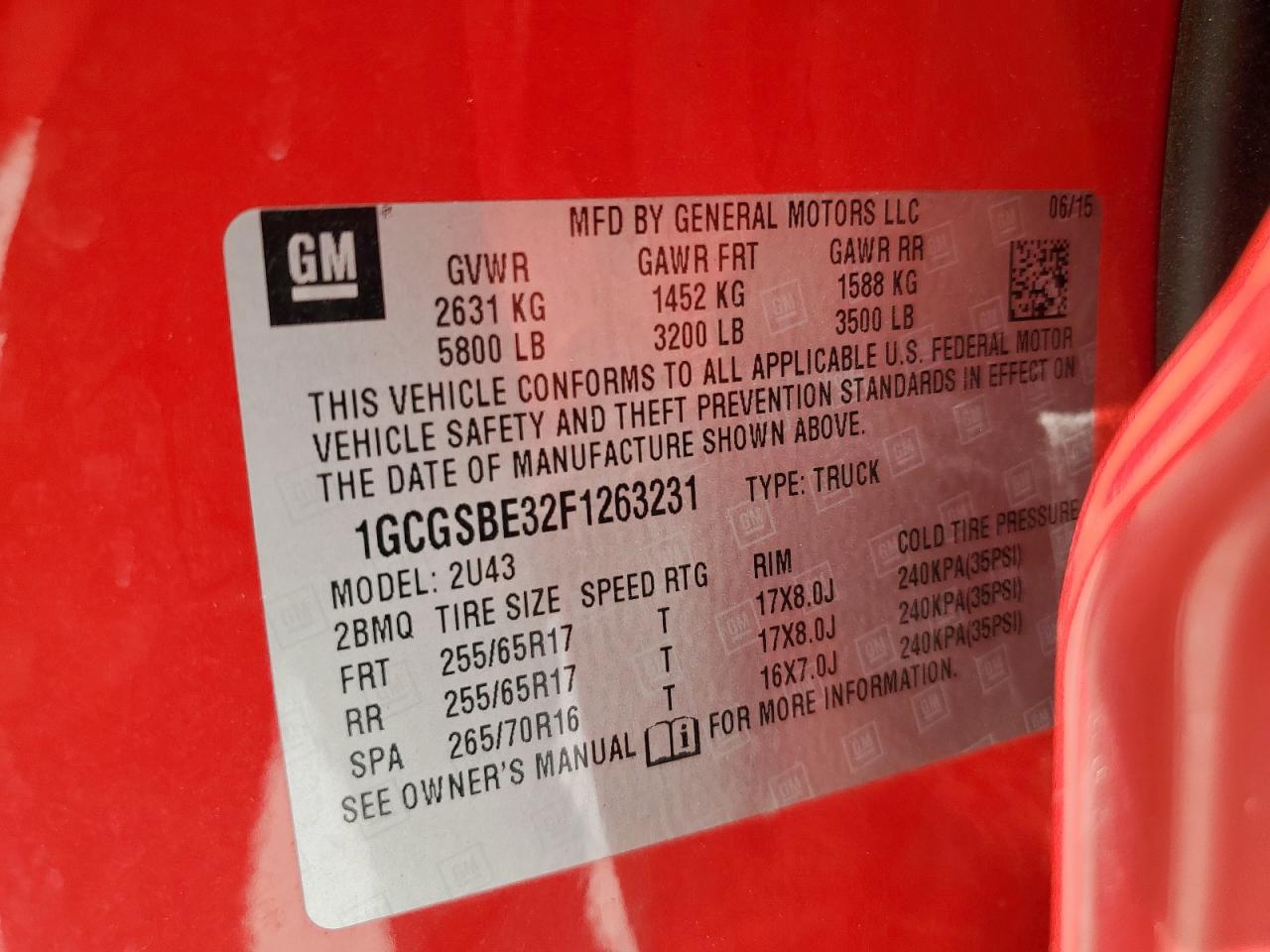 2015 Chevrolet Colorado Lt VIN: 1GCGSBE32F1263231 Lot: 69434085