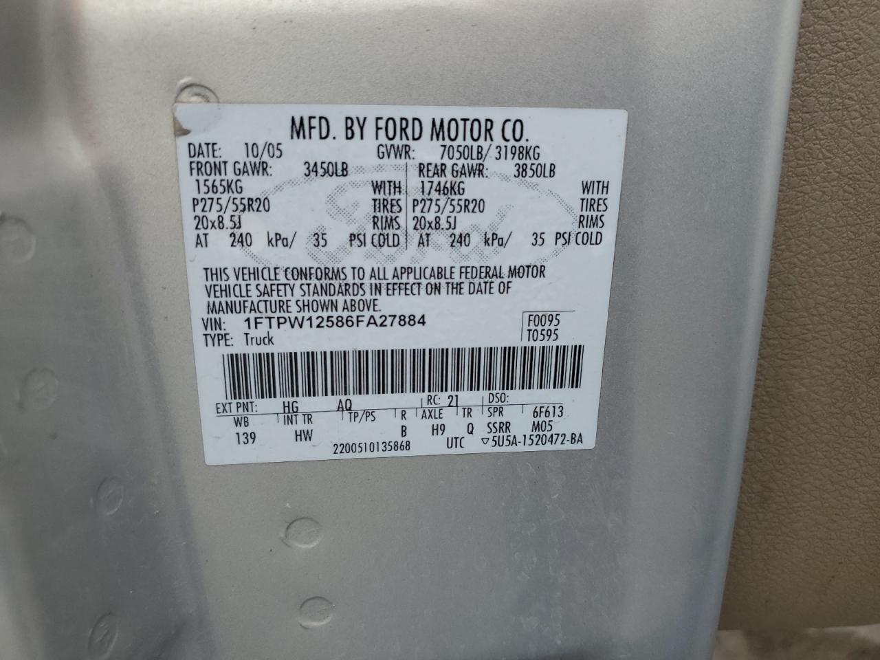 2006 Ford F150 Supercrew VIN: 1FTPW12586FA27884 Lot: 68022645