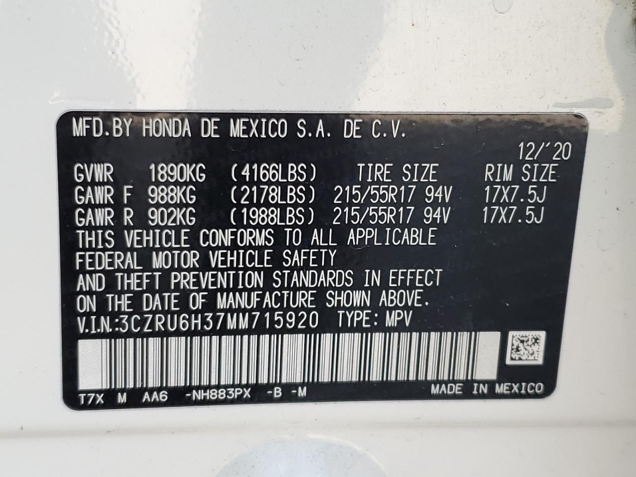 2021 Honda Hr-V Lx VIN: 3CZRU6H37MM715920 Lot: 68614815