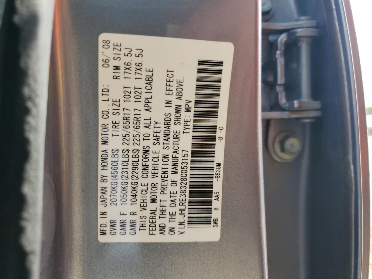 2008 Honda Cr-V Lx VIN: JHLRE38328C053157 Lot: 68006395