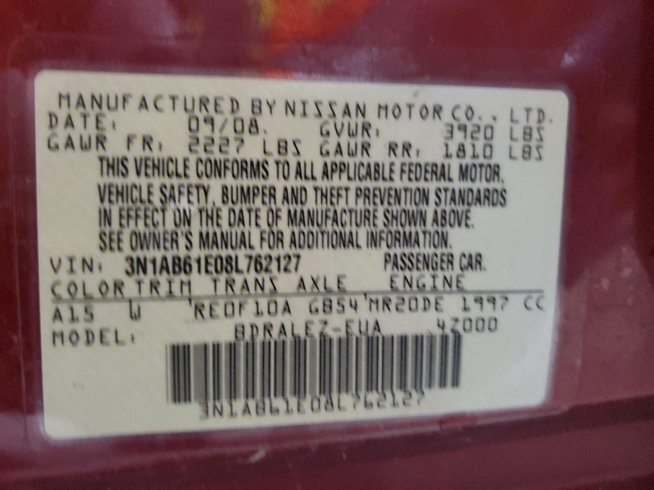 2008 Nissan Sentra 2.0 VIN: 3N1AB61E08L762127 Lot: 69478195