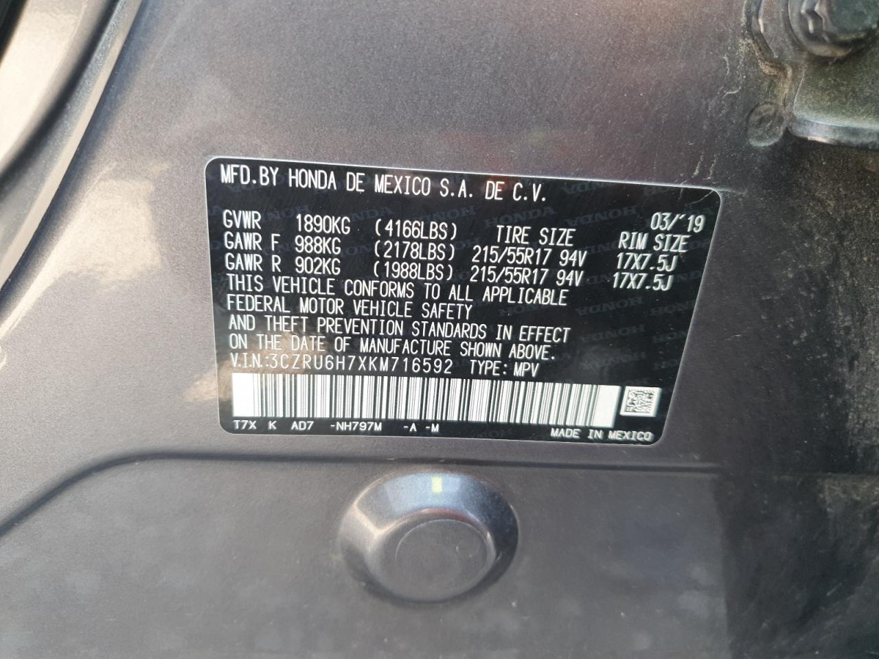 2019 Honda Hr-V Exl VIN: 3CZRU6H7XKM716592 Lot: 70903295