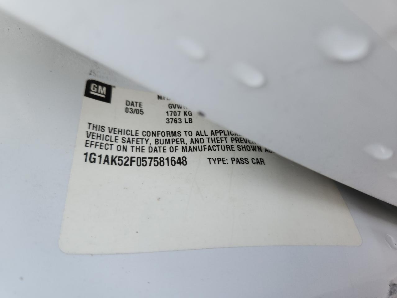 2005 Chevrolet Cobalt VIN: 1G1AK52F057581648 Lot: 69937255