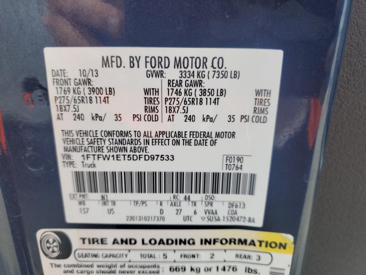 2013 Ford F150 Supercrew VIN: 1FTFW1ET5DFD97533 Lot: 70268945