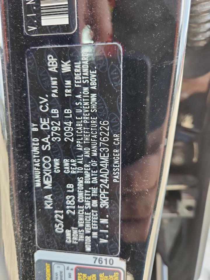 2021 Kia Forte Fe VIN: 3KPF24AD4ME376226 Lot: 67921295
