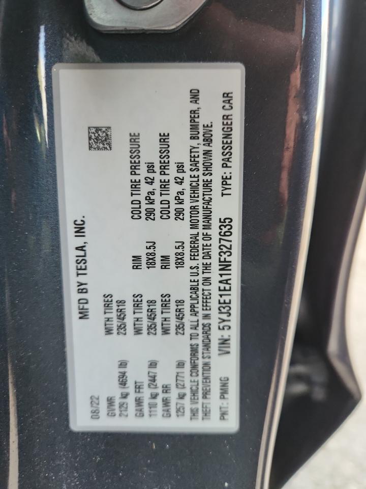 2022 Tesla Model 3 VIN: 5YJ3E1EA1NF327635 Lot: 69520115