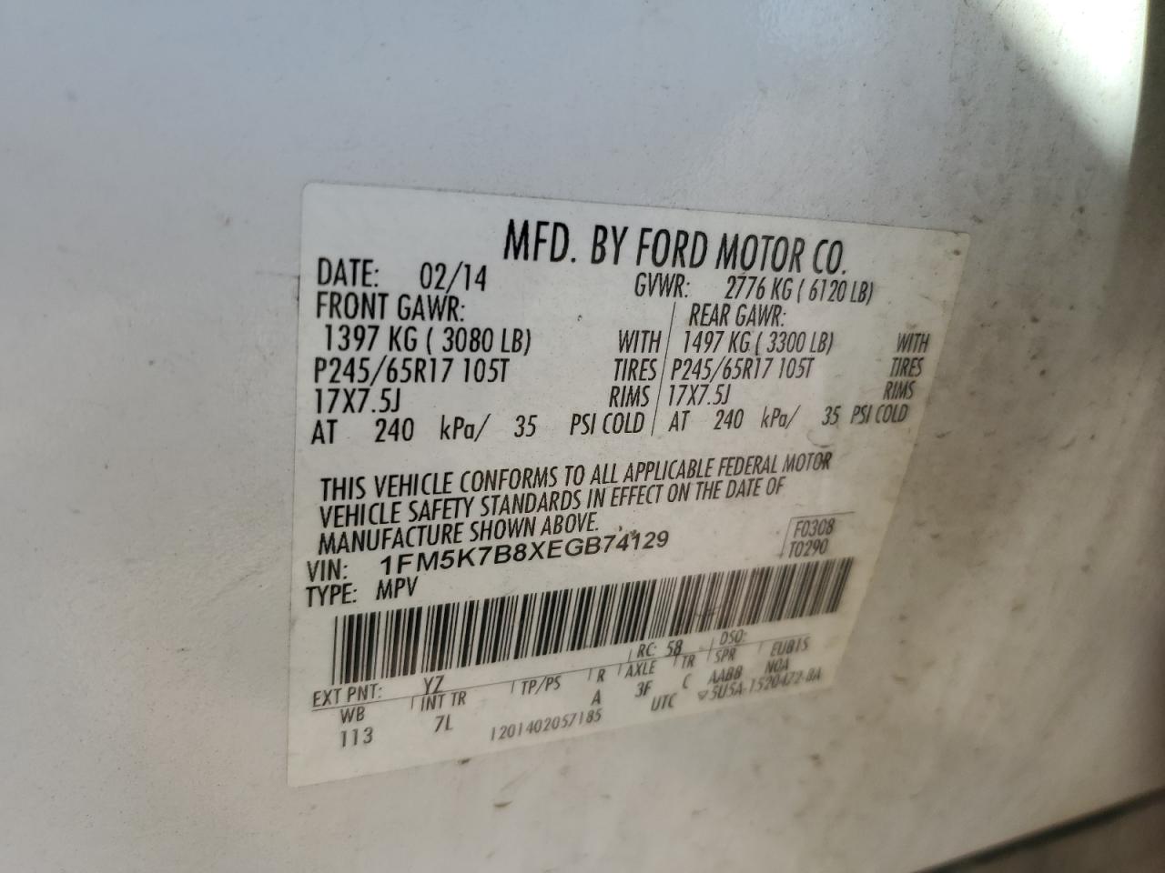 2014 Ford Explorer VIN: 1FM5K7B8XEGB74129 Lot: 68451845