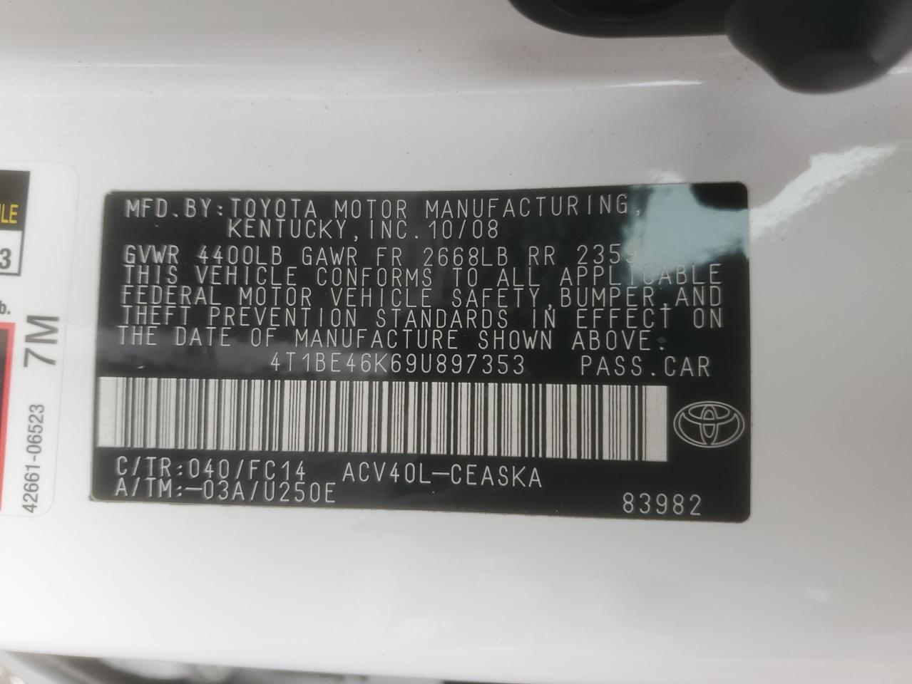 2009 Toyota Camry Base VIN: 4T1BE46K69U897353 Lot: 70193835