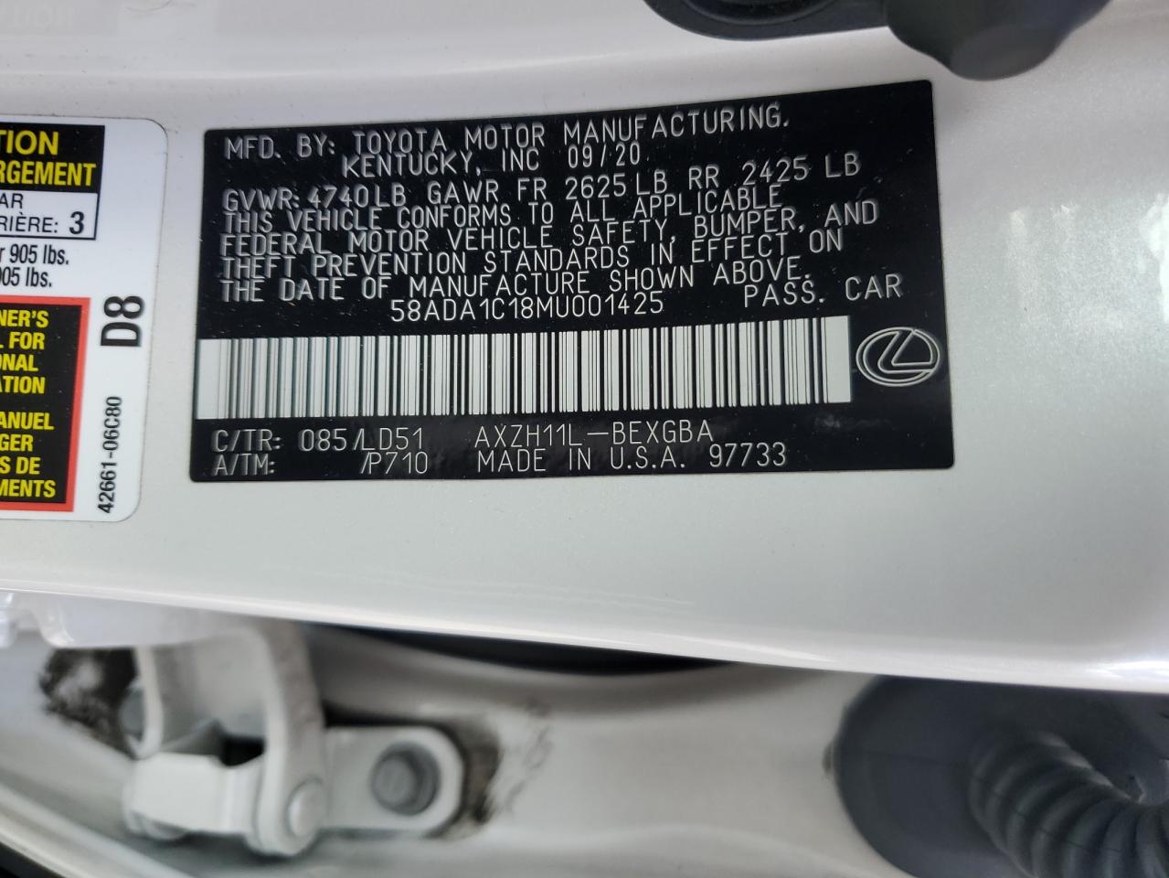 2021 Lexus Es 300H VIN: 58ADA1C18MU001425 Lot: 70010525