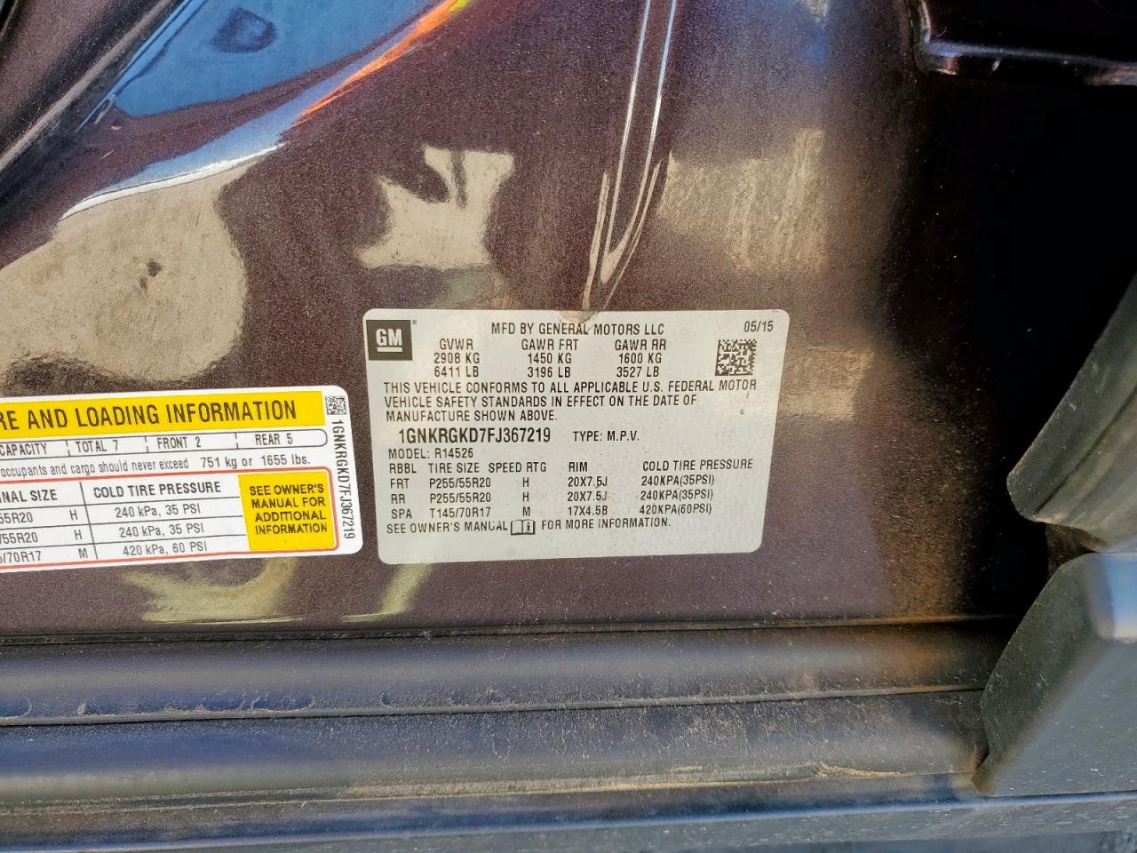 2015 Chevrolet Traverse Lt VIN: 1GNKRGKD7FJ367219 Lot: 70207765