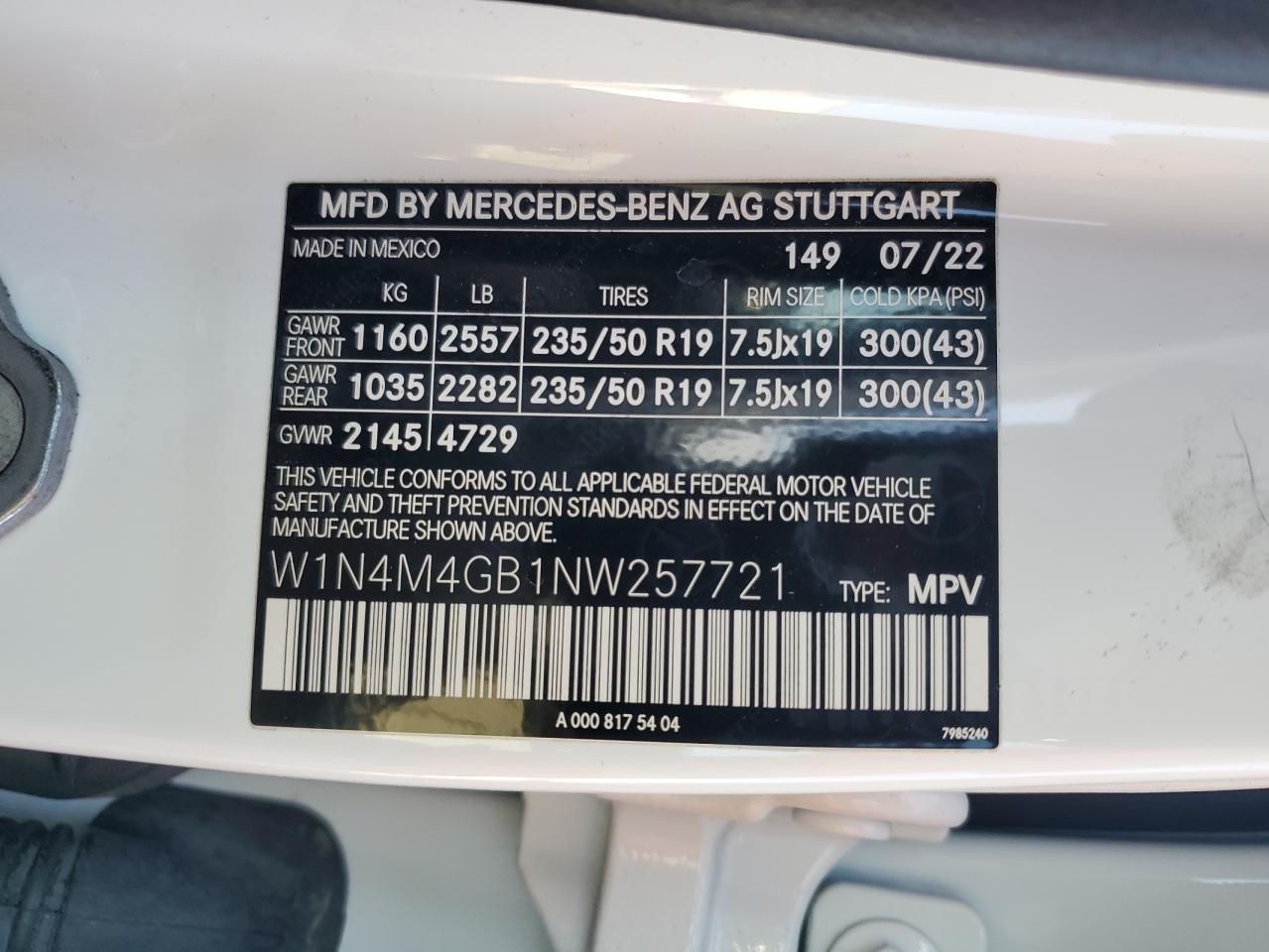 2022 Mercedes-Benz Glb 250 VIN: W1N4M4GB1NW257721 Lot: 69485645