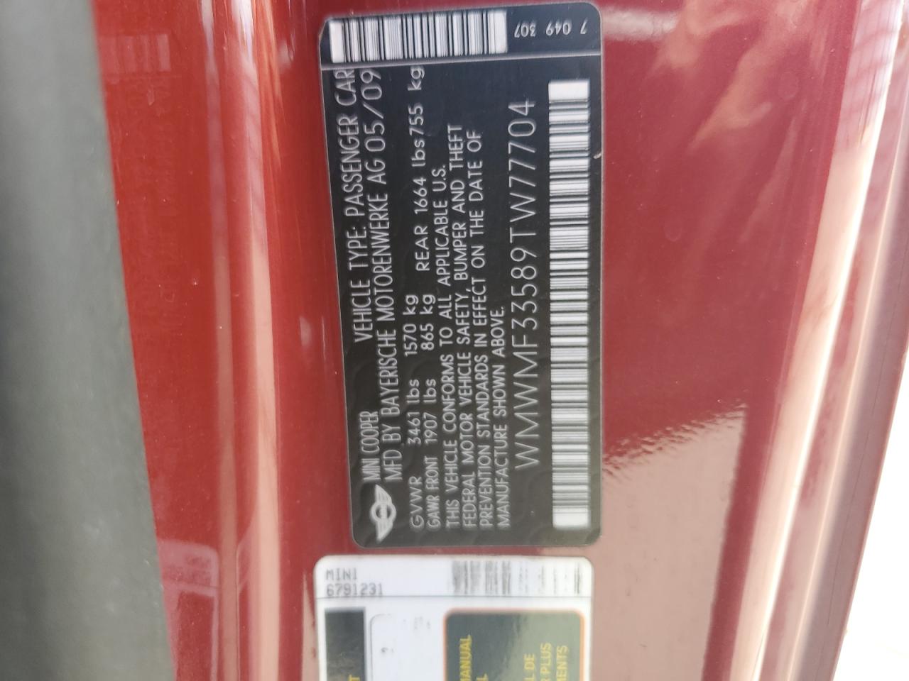 WMWMF33589TW77704 2009 Mini Cooper
