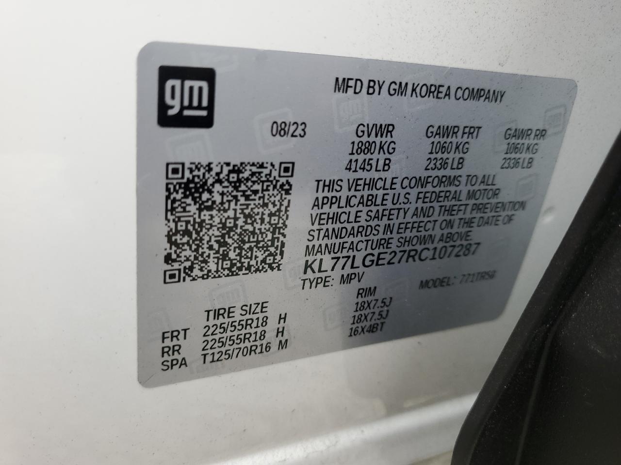 2024 Chevrolet Trax 1Rs VIN: KL77LGE27RC107287 Lot: 67728435