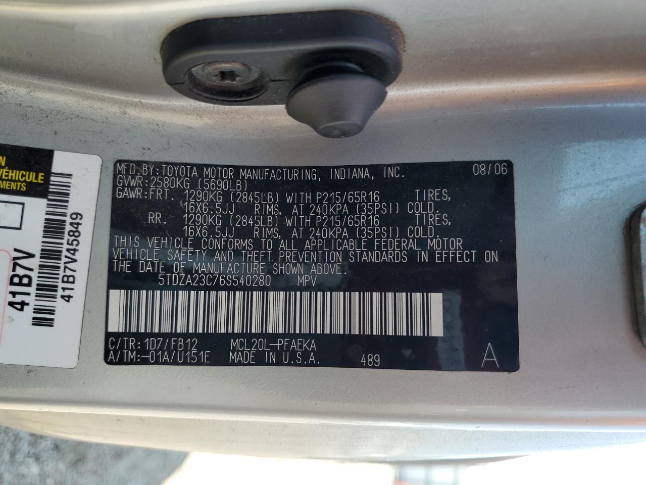 2006 Toyota Sienna Ce VIN: 5TDZA23C76S540280 Lot: 68790655